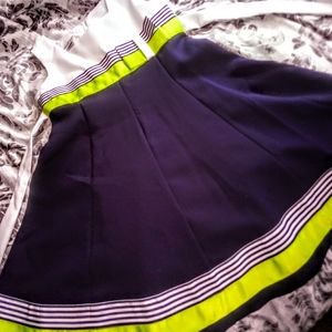 A blue, white and green dress.